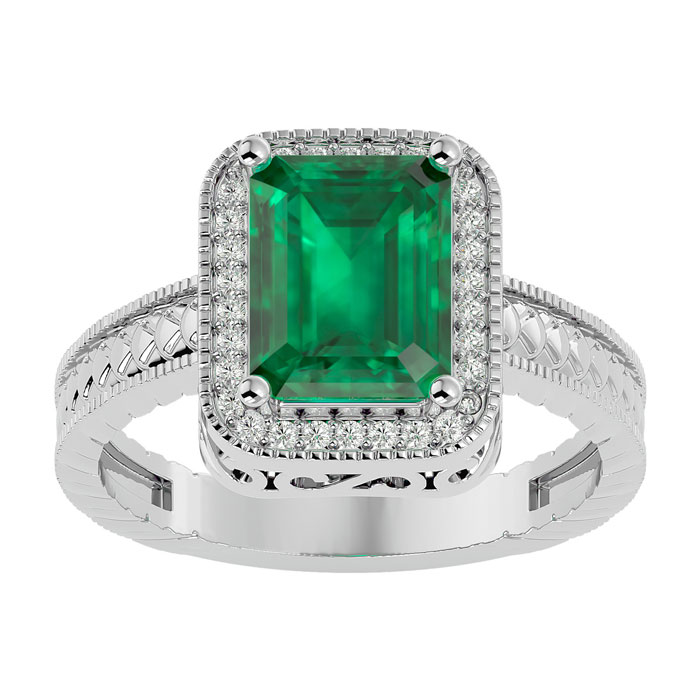 2.5 Carat Antique Style Emerald Cut & Diamond Ring in 14K White Gold (4.50 g),  by SuperJeweler