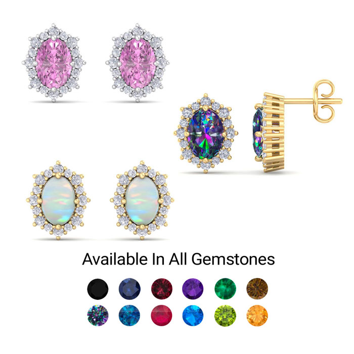 Retrograde Birthstones™ Gemstone Earrings 2 Carat Oval Shape Gemstone & Diamond Earrings in 14K White Gold (1.9 g) Gold (1.9 g) & Rose Gold (1.9 g) by SuperJeweler