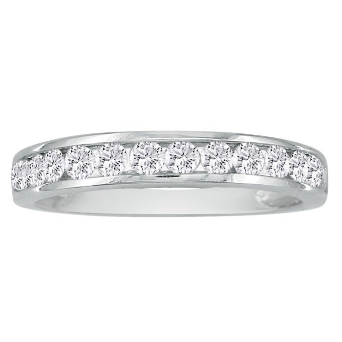 Platinum, the king of precious metals, fine 1/2 carat channel set better diamond band ring.  White, fiery, gorgeous, well-cut round brilliant diamonds. Our very popular 1/2 carat channel set diamond band ring, beautifully crafted, and a great diamond band in hard to find Platinum. Diamonds are G/H color and SI2 clarity. Available in all ring sizes.