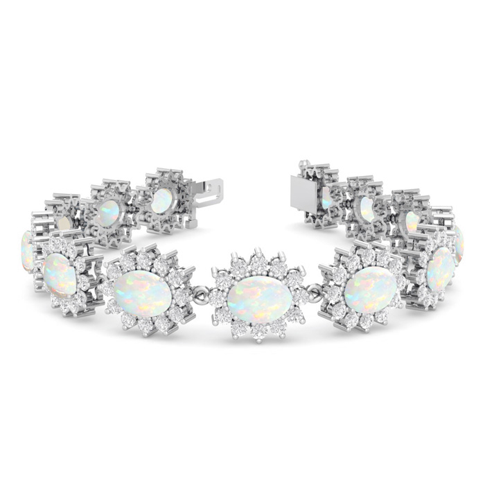 14 1/4 Carat Oval Shape Opal & Halo Diamond Bracelet in 14K White