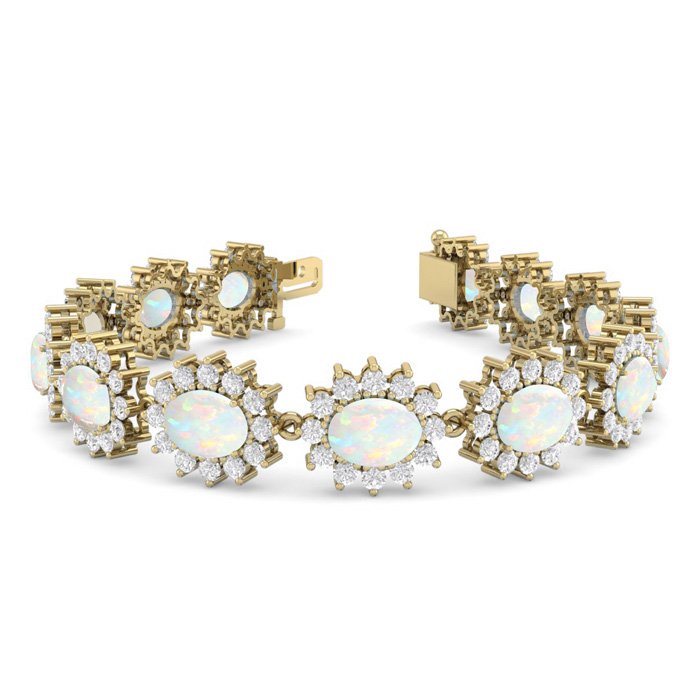 14 1/4 Carat Oval Shape Opal & Halo Diamond Bracelet in 14K Yello