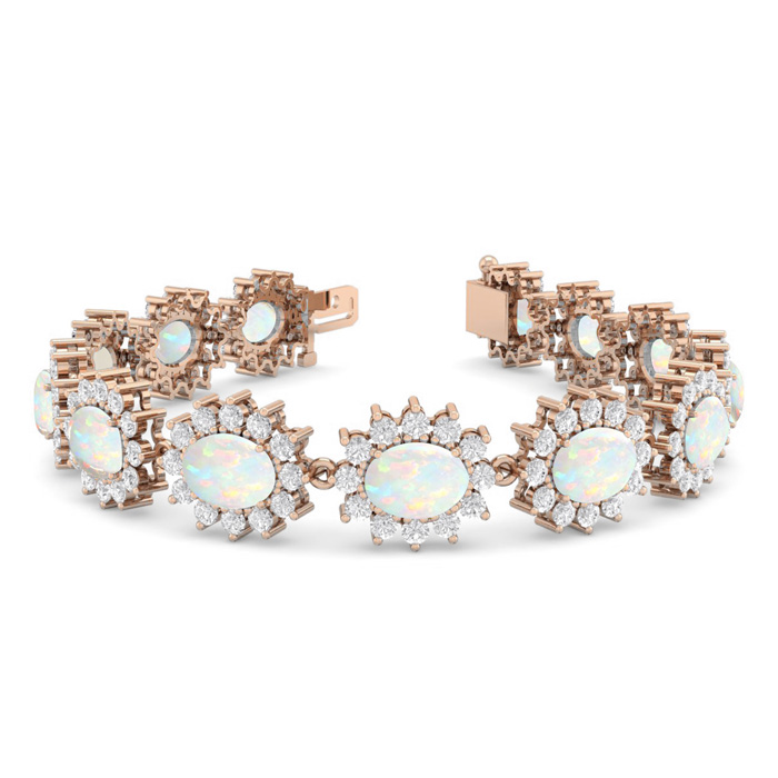 14 1/4 Carat Oval Shape Opal & Halo Diamond Bracelet in 14K Rose 