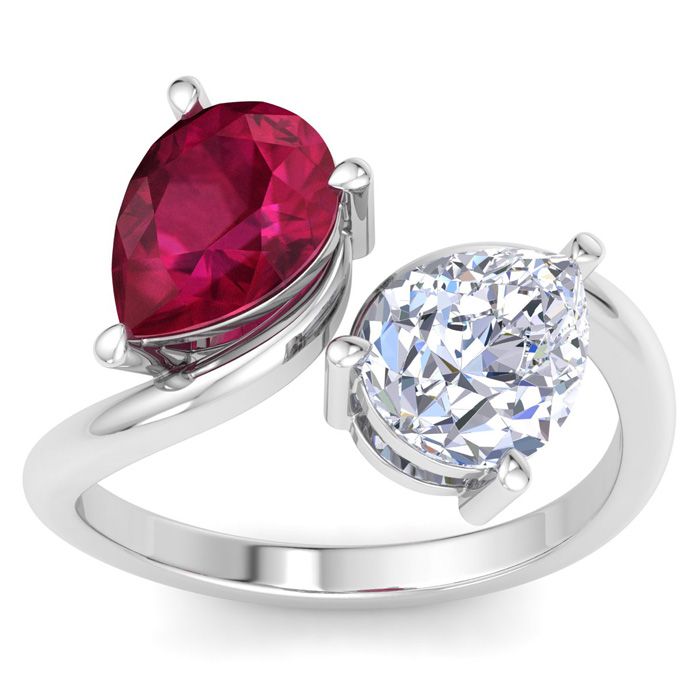 3 1/2 Carat Ruby & Lab Grown Diamond Two Stone Engagement Ring in 14K White Gold (4 g)  Pear-Pear (1 Color  VS2 Clarity)  Size 5.5 by SuperJeweler