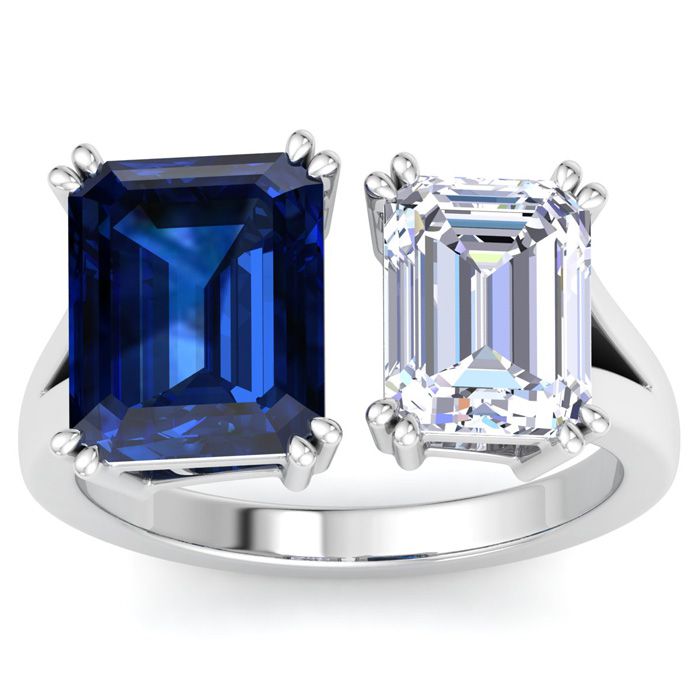 6 Carat Sapphire & Lab Grown Diamond Two Stone Engagement Ring in 14K White Gold (5.6 g)  Emerald Cut (1 Color  VS2 Clarity) by SuperJeweler