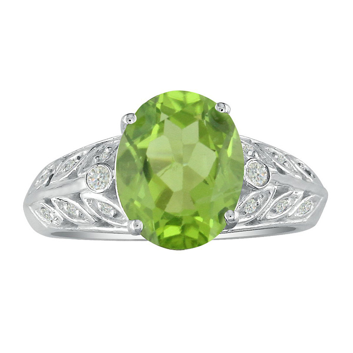 1 3/4 Carat Oval Shape Peridot & Diamond Ring In 14K White Gold, I/J By SuperJeweler