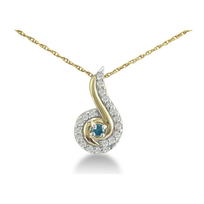 1/4 Carat Swirling White & Blue Diamond Pendant Necklace in Yellow Gold (1 g), , 18 Inch Chain by SuperJeweler