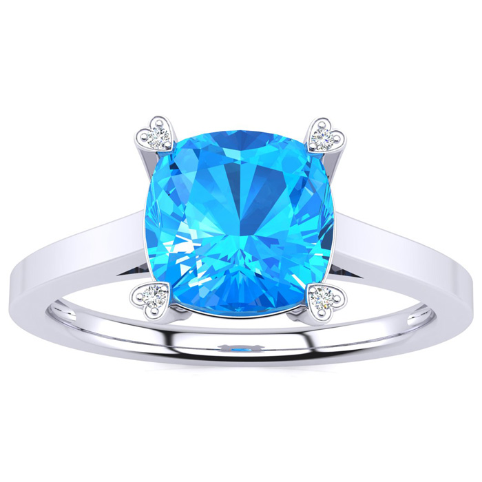 2 Carat Cushion Cut Blue Topaz & Diamond Ring In 10K White Gold (2.50 G), I/J By SuperJeweler