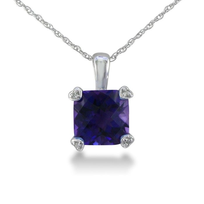 2 Carat Cushion Cut Amethyst & Diamond Pendant Necklace in White Gold (1.8 g), , 18 Inch Chain by SuperJeweler