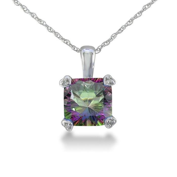 2 Carat Cushion Cut Mystic Topaz & Diamond Pendant Necklace in White Gold (1.8 g), , 18 Inch Chain by SuperJeweler