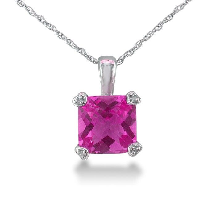 2 Carat Cushion Cut Pink Topaz & Diamond Pendant Necklace in White Gold (1.8 g), , 18 Inch Chain by SuperJeweler