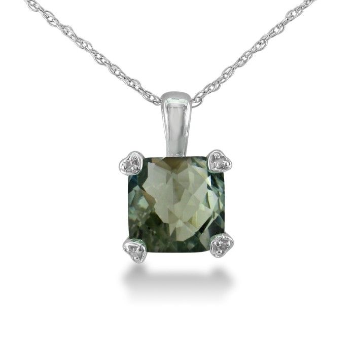 2 Carat Cushion Cut Green Amethyst & Diamond Pendant Necklace in White Gold (1.8 g), , 18 Inch Chain by SuperJeweler