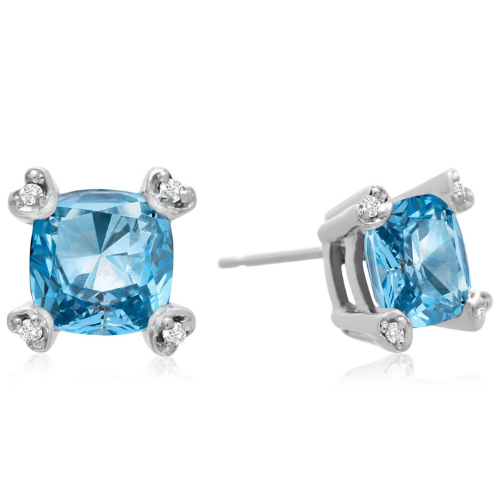 2 Carat Cushion Cut Blue Topaz & Diamond Earrings in White Gold (1.6 g),  by SuperJeweler