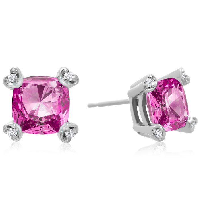 2 Carat Cushion Cut Pink Topaz & Diamond Earrings in White Gold (1.6 g),  by SuperJeweler