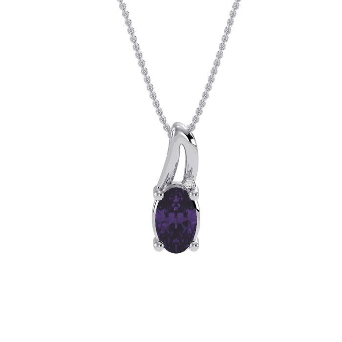1/2 Carat Oval Shape Amethyst & Diamond Necklace in White Gold (3 g), , 18 Inch Chain by SuperJeweler