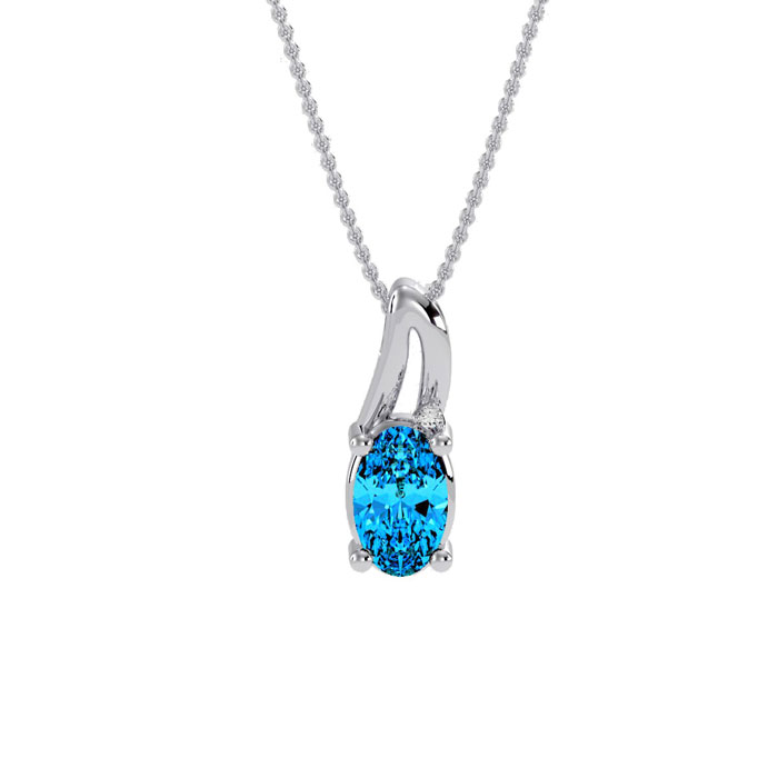 1/2 Carat Oval Shape Blue Topaz & Diamond Necklace in White Gold (3 g), , 18 Inch Chain by SuperJeweler
