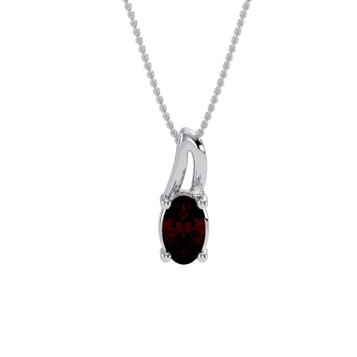 1/2 Carat Oval Shape Garnet & Diamond Necklace in White Gold (3 g), , 18 Inch Chain by SuperJeweler