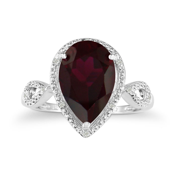 3 1/2 Carat Pear Shaped Garnet & 10 Diamond Ring in White Gold (2.9 g), , Size 4 by SuperJeweler