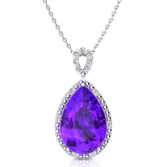3 1/2 Carat Pear Shaped Amethyst & Diamond Necklace in White Gold (2.40 g), , 18 Inch Chain by SuperJeweler
