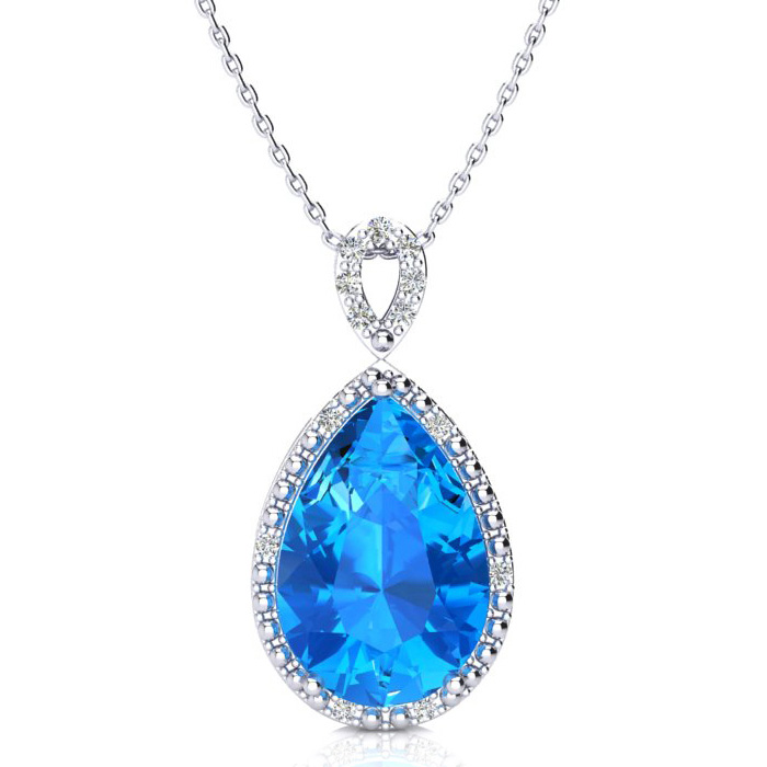 3 1/2 Carat Pear Shaped Blue Topaz & Diamond Necklace in White Gold (2.40 g), , 18 Inch Chain by SuperJeweler