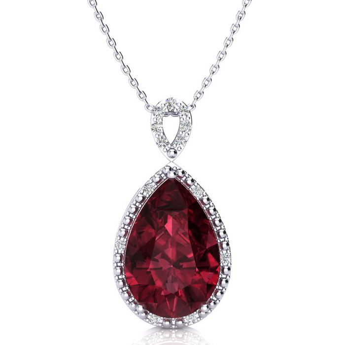 3 1/2 Carat Pear Shaped Garnet & Diamond Necklace in White Gold (2.40 g), , 18 Inch Chain by SuperJeweler