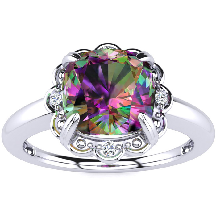 2 Carat Cushion Cut Mystic Topaz & Diamond Ring in White Gold (2.80 g),  by SuperJeweler