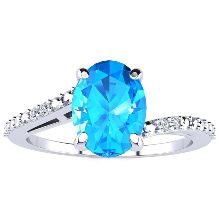 1.5 Carat Oval Shape Blue Topaz & Diamond Ring in White Gold (1.80 g),  by SuperJeweler