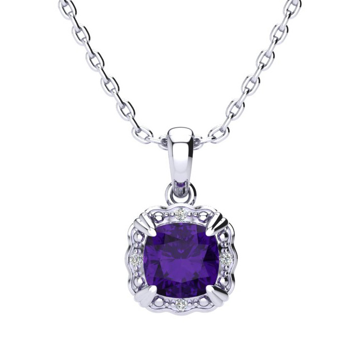 2.5 Carat Cushion Cut Amethyst & Diamond Necklace in White Gold (2.50 g), , 18 Inch Chain by SuperJeweler