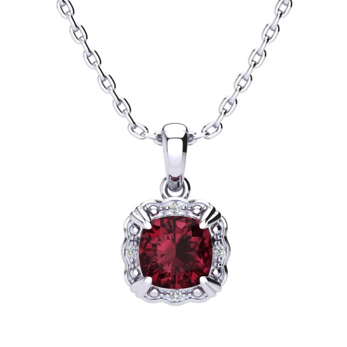 2.5 Carat Cushion Cut Garnet & Diamond Necklace in White Gold (2.50 g), , 18 Inch Chain by SuperJeweler