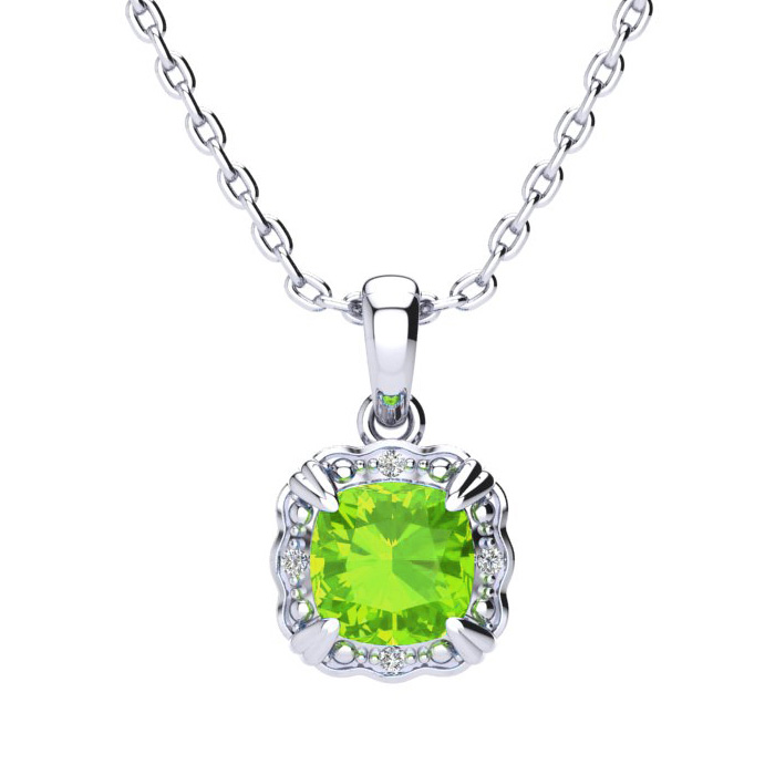 2.5 Carat Cushion Cut Peridot & Diamond Necklace in White Gold (2.5 g), , 18 Inch Chain by SuperJeweler