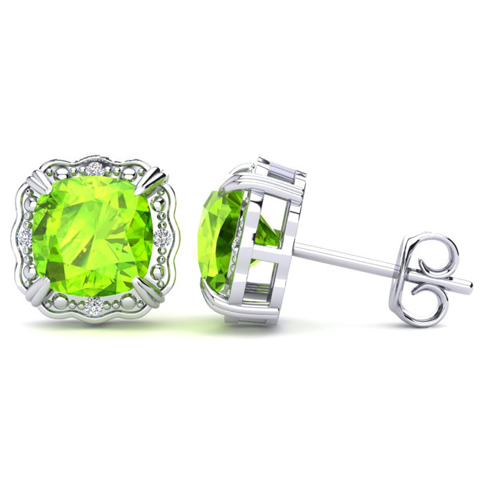 2 Carat Cushion Cut Peridot & Diamond Earrings in White Gold (2.20 g),  by SuperJeweler