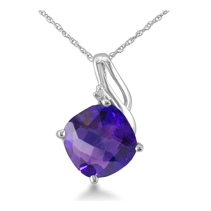 5 Carat Cushion Cut Amethyst & Diamond Pendant Necklace in White Gold (2.5 g), , 18 Inch Chain by SuperJeweler