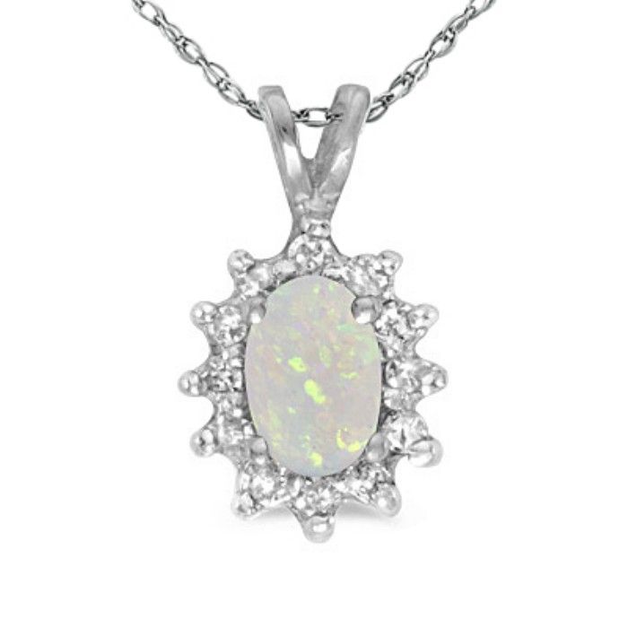 1/4 Carat Oval Opal & Diamond Encrusted Pendant Necklace in 14k White Gold, , 18 Inch Chain by SuperJeweler