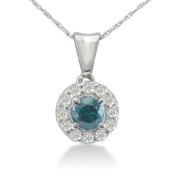 3/4 Carat White & Blue Diamond Halo Pendant Necklace In 14k White Gold (1.9 G), H/I, 18 Inch Chain By SuperJeweler