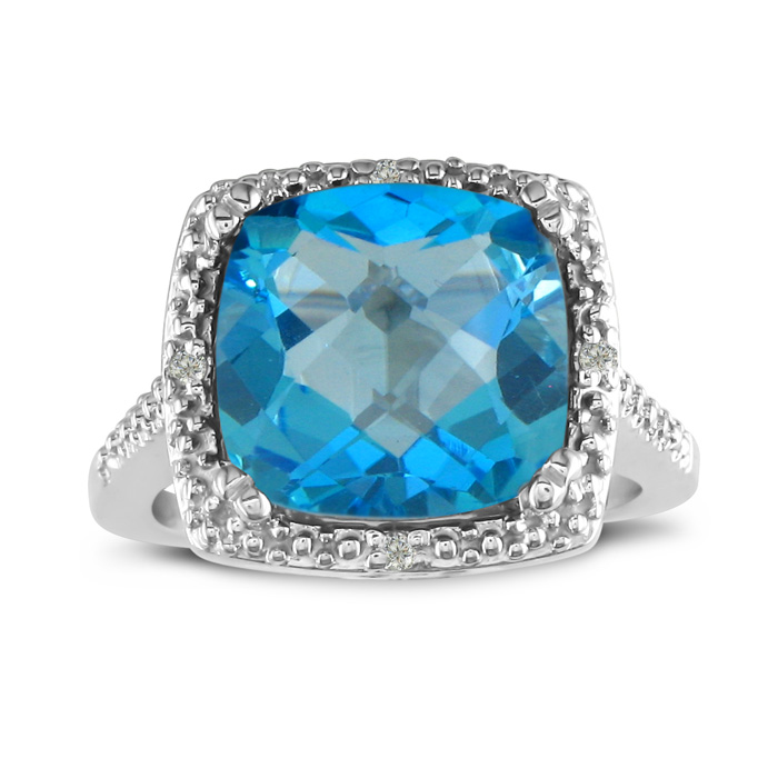 4 Carat Blue Topaz & 4 Diamond Ring, Sterling Silver, , Size 4 by SuperJeweler