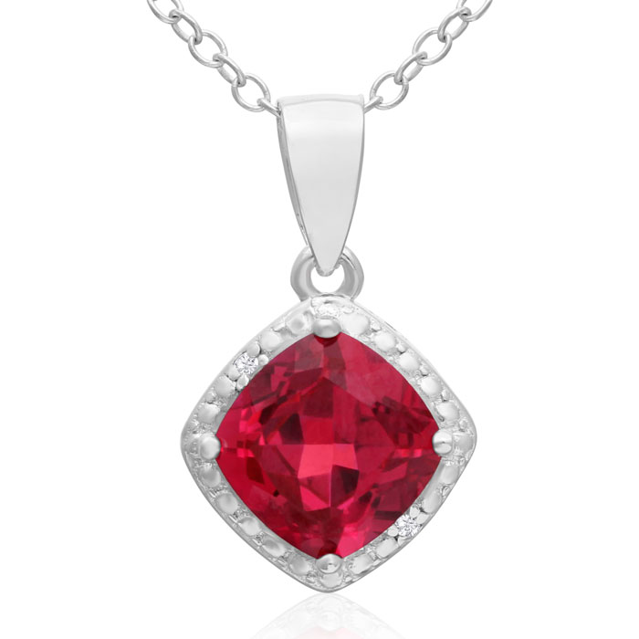 Cushion Cut 1.5 Carat Created Ruby & Diamond Pendant Necklace, J/K, 18 Inch Chain In Sterling Silver By SuperJeweler