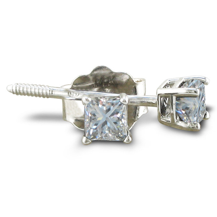 1/3 Carat Princess Cut Diamond Stud Earrings In 14k White Gold, G/H, SI By Hansa