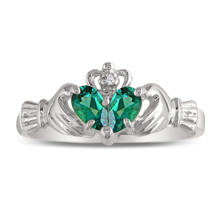 Emerald Claddagh Ring In 10k White Gold, I/J By SuperJeweler