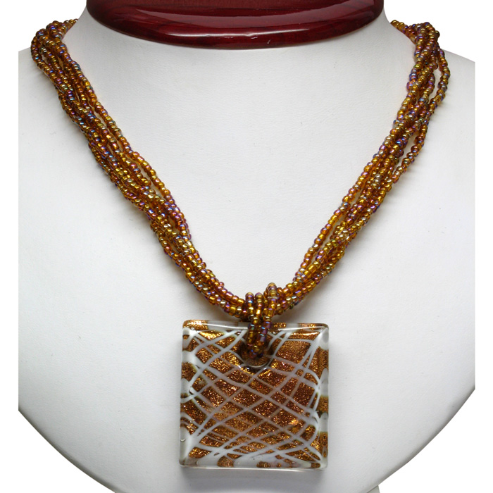 Brown, Red, & White Murano Glass Square Pendant on Crystal Necklace, 18 Inch Chain by SuperJeweler