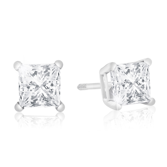 1 Carat Princess Cut Diamond Stud Earrings in 14k White Gold (1 g), G/H Color, SI by SuperJeweler