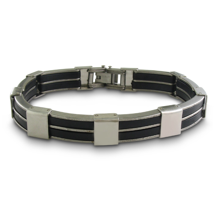 8 Inch Double Row Men's Stainless Steel & Carbon Fiber Bracelet by SuperJeweler