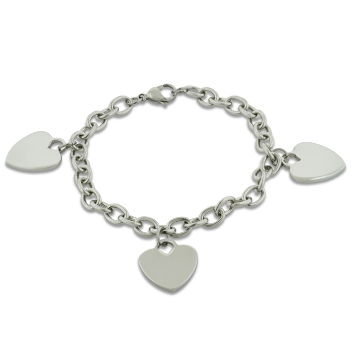 Ladies' Dangling Triple Heart Charm Bracelet in Stainless Steel, 8 Inch by SuperJeweler