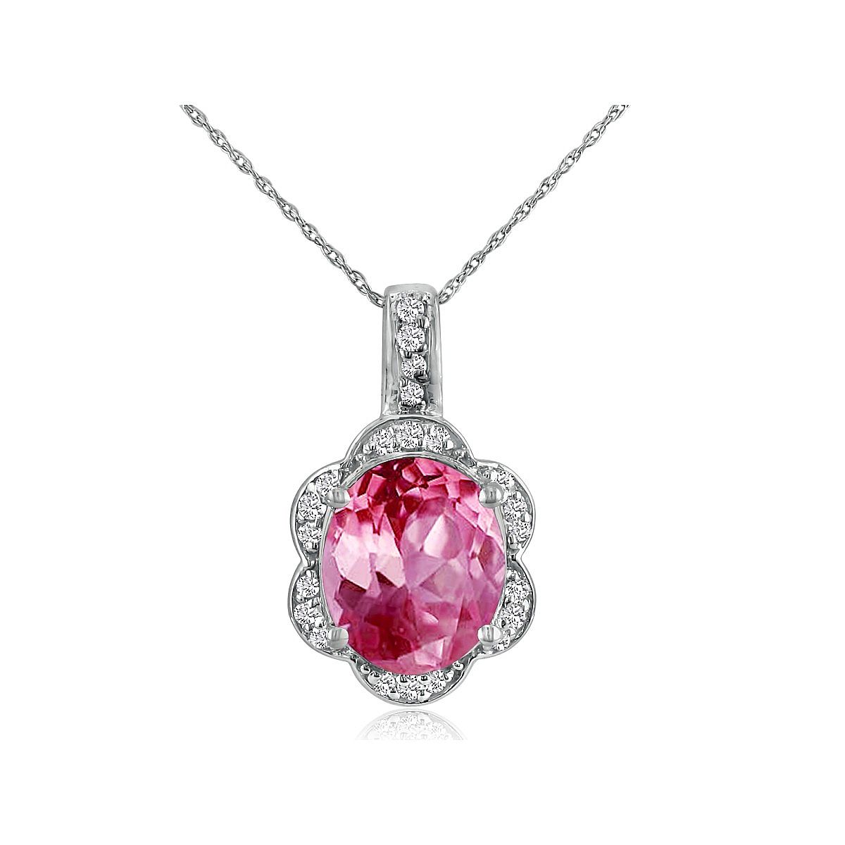 Oval Shape Pink Sapphire and 1/4 Ctw Diamond Pendant in 14K White Gold with  Chain