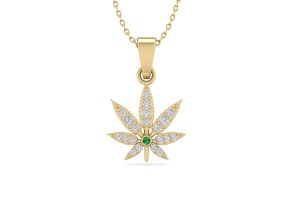 1 4 Carat Natural Diamond and Emerald Weed Leaf Necklace In 14K Yellow Gold