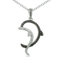 Splashing Black Diamond Dolphin Necklace in Sterli