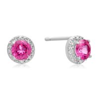 1ct Created Pink Sapphire and Diamond Stud Earrings in Sterling Silver