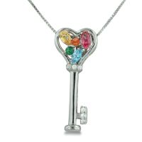 .06ct Diamond & Gemstone Heart Shaped Key Necklace in Sterling Silver