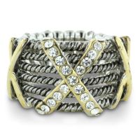 Silver Tone Stretch Twisted Cable Ring with Crystal Studded X Accent, Fits Finger Sizes 7-9
