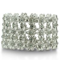 White Crystal and Silver Tone Floral Stretch Cuff Bracelet, Fits Wrist Sizes 6.5-8