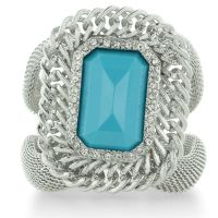 Hinged Mesh Turquoise Colored Acrylic Stone And Rhinestone Silver Tone 2 1/2 Inch Cuff Statement Bracelet, Fits 7 To 8.5 Inch Wrist