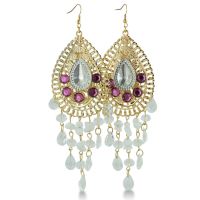 Gold Tone Pear Shaped Purple and Clear Crystal Dangle Earrings, 5 Inches